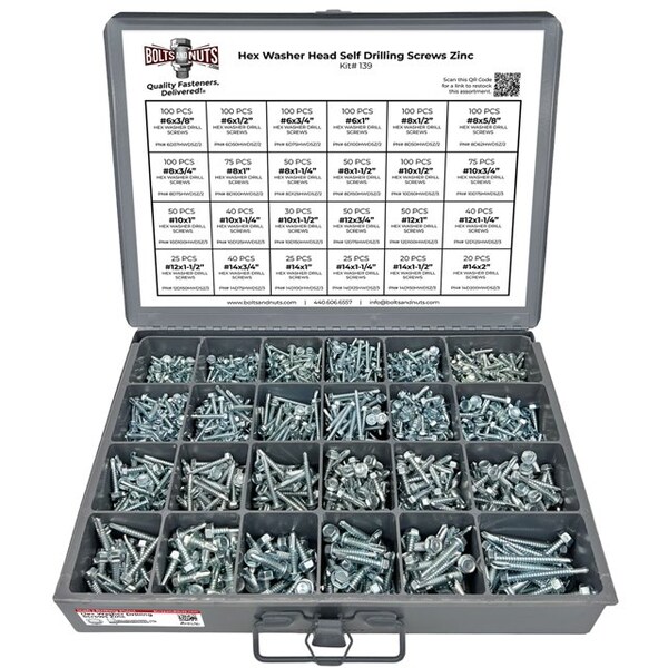 Boltsandnuts.Com Unslotted Hex Washer Head Self Drilling Screws - 1466 PCS Assortment Kit #139 - main